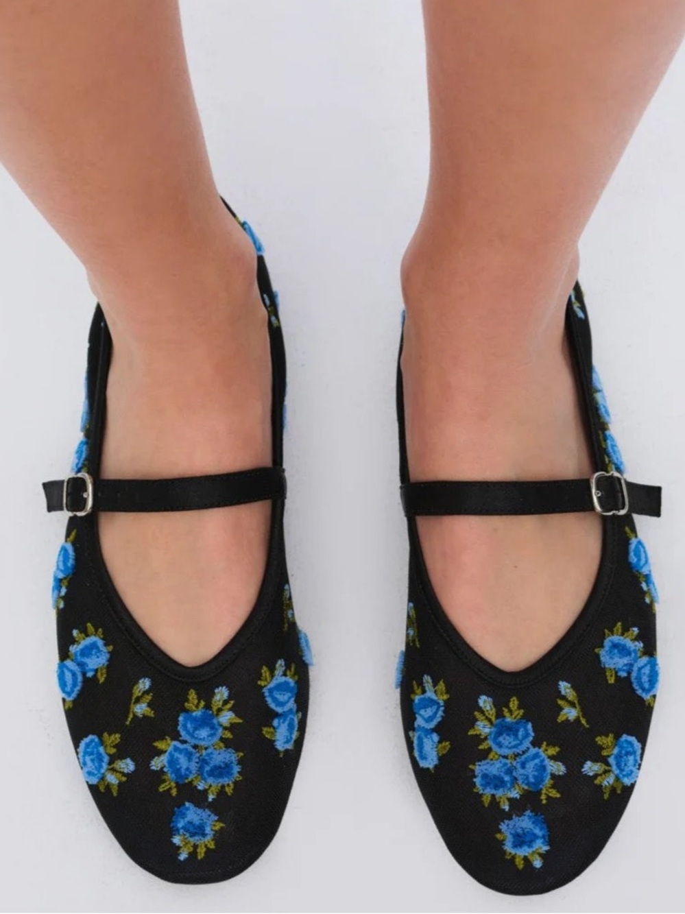 For Love And Lemons Evelyne Embroidered Mary Jane Flats with Blue Roses - Picture 1 of 11